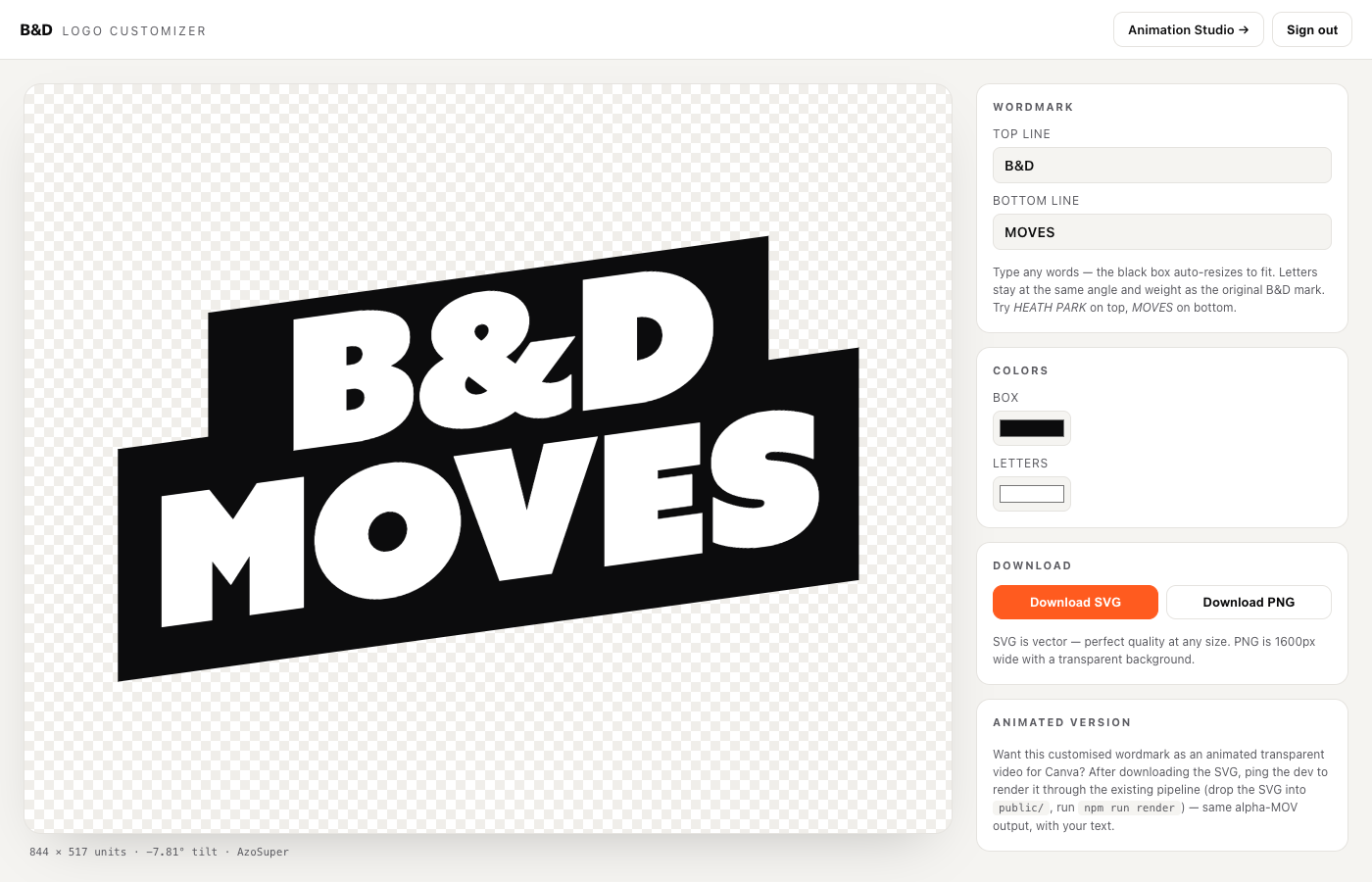 B&D Moves logo customiser. Partners type any words and download a localised wordmark.