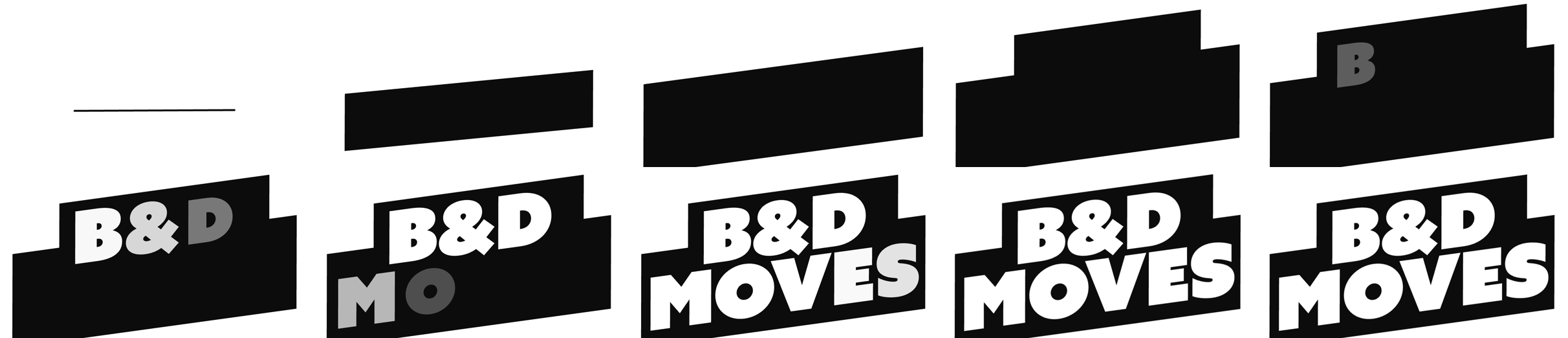 The B&D Moves wordmark built up frame by frame, from bars to lock-up